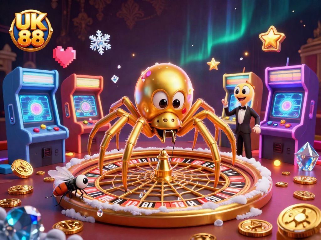 Engage in thrilling gameplay at UK 88 with a golden roulette web and lively characters.