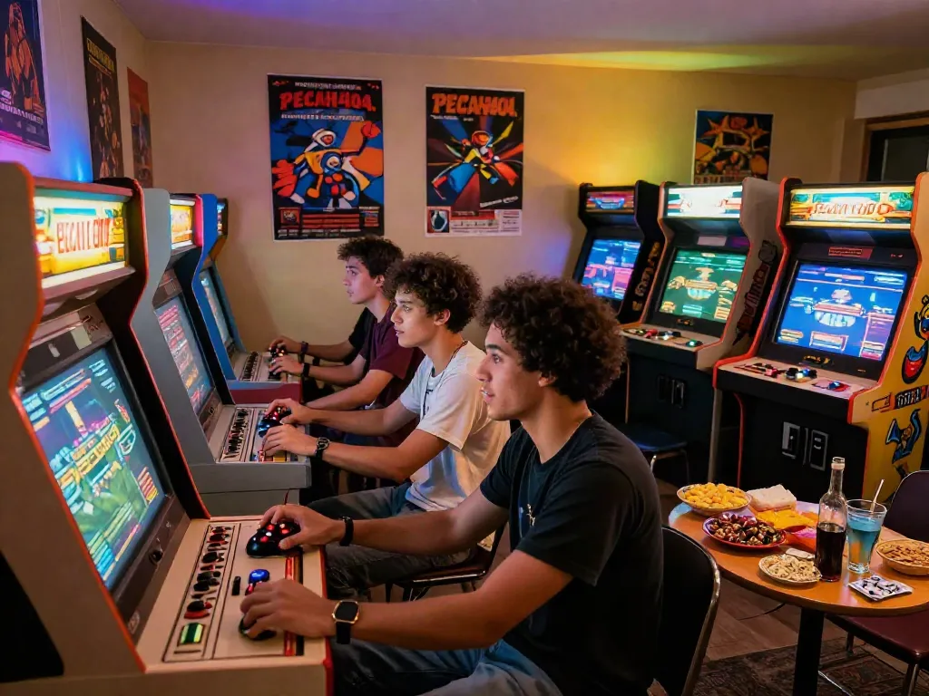 Group playing classic arcade games at PECAH404 with retro controllers and vibrant atmosphere