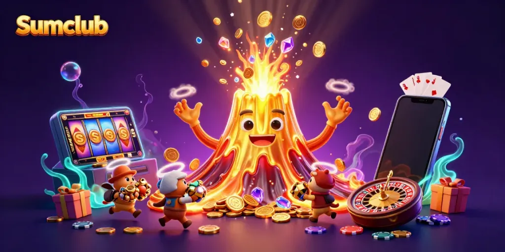 Experience the thrilling excitement of Sumclub with a vibrant eruption of coins and games in this visual feast.