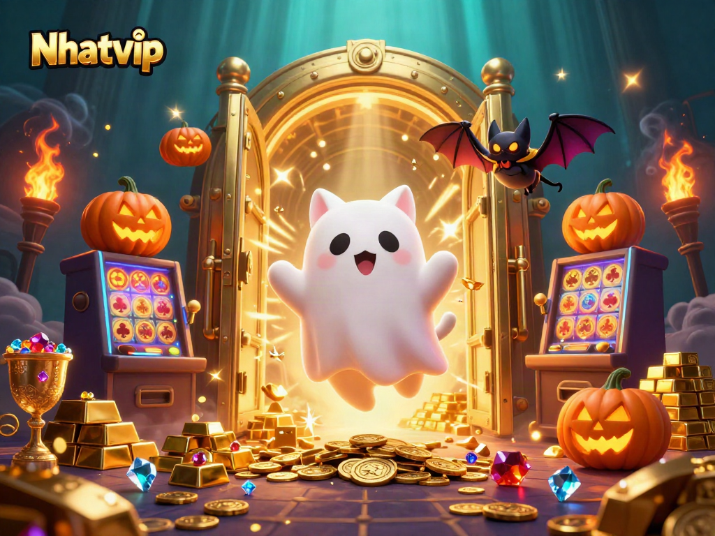 Spin to win in Nhatvip's haunted casino with whimsical characters and glimmering treasures.
