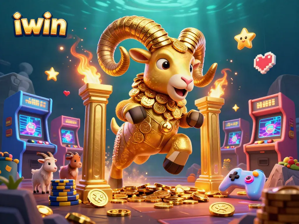 iwin showcases a dynamic casino scene with a golden ram charging through vibrant game elements.