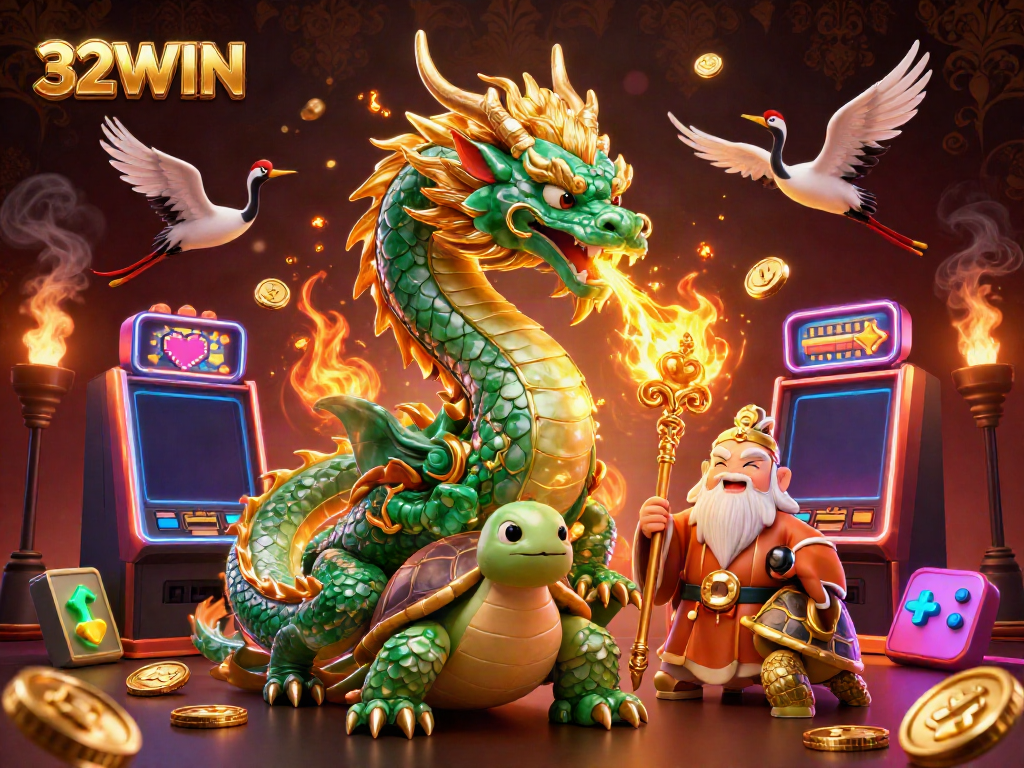 Engage with thrilling 32WIN adventures featuring a jade dragon, turtle sage, and lucky cranes.