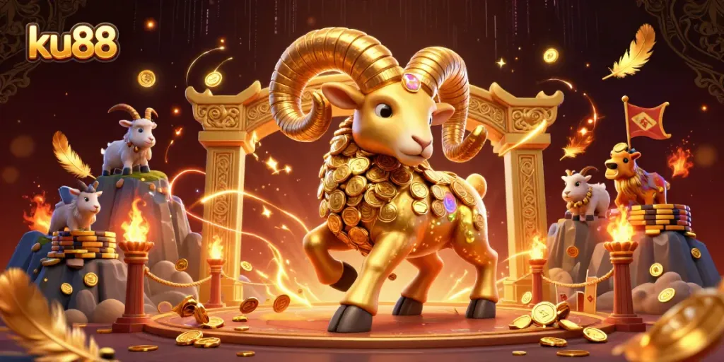 ku88 showcases an action-packed scene with a golden ram charging through a casino arena.