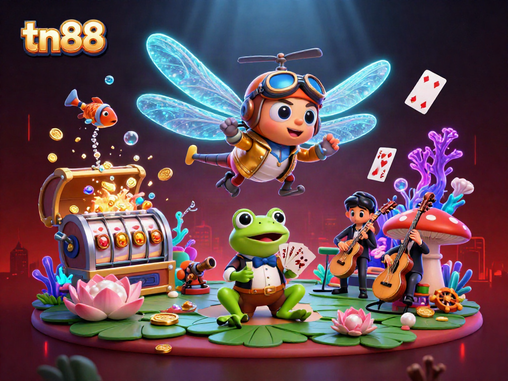 Experience thrilling gameplay at tn88 with a vibrant cartoon scene featuring a dragonfly pilot and frog dealer.
