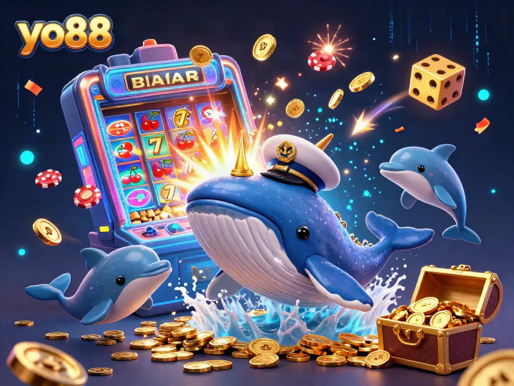 Experience the excitement of yo88 with a cartoon whale and dolphins in an explosive casino scene.