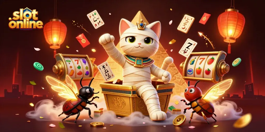 Spin the reels in this vibrant slot online scene featuring unique characters and elements in a pyramid casino.