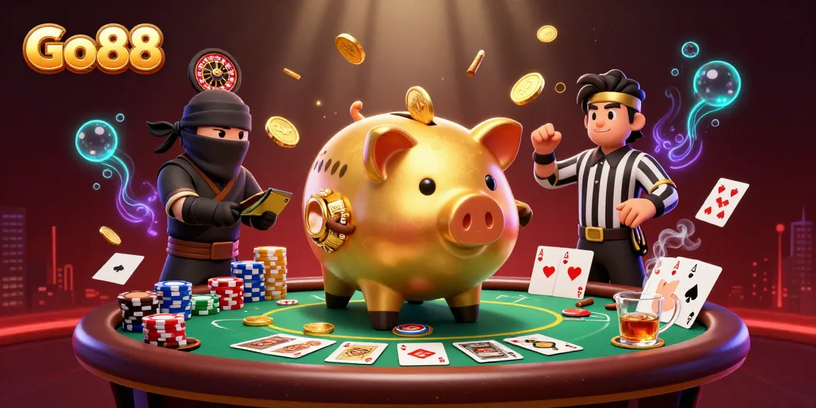 Winning big at Go88 with a golden piggy bank, ninja, and samurai in dynamic casino action.