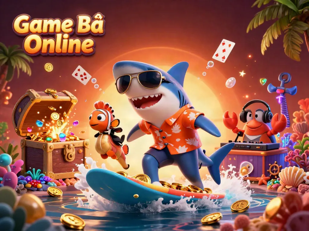 Experience thrilling Game Bài Online action featuring a hammer-head shark surfing on gold coins.