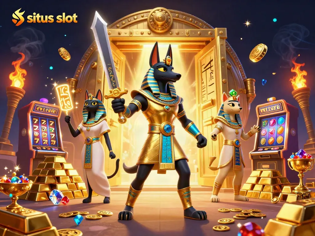 Menang di situs slot dengan mesin slot yang menarik dan karakter Anubis, Bastet, serta harta berkilau.