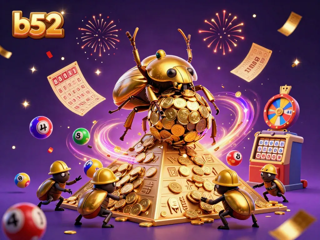 Experience b52's vibrant casino scene with golden beetles celebrating victories amidst colorful lottery elements.