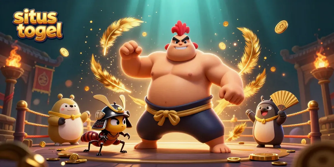Experience the excitement of situs togel with this vibrant 3D illustration showcasing a sumo wrestler rooster and other characters in action.