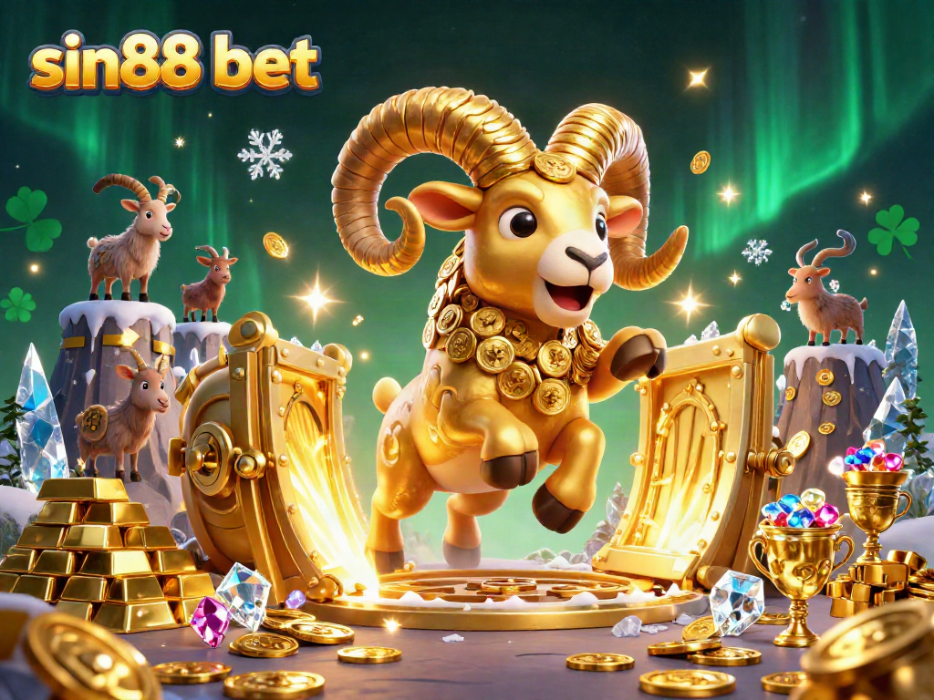 Experience thrilling gameplay with sin88 bet, featuring a massive golden ram amidst treasures in a dynamic casino scene.