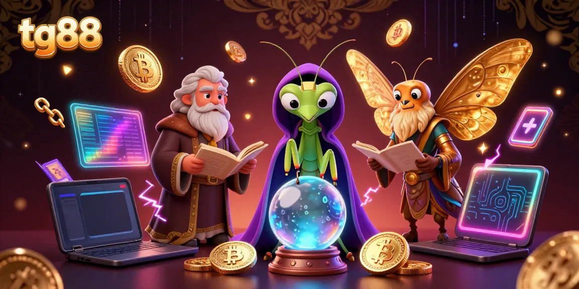 Experience the thrilling world of tg88 with a vibrant 3D illustration of fortune-telling and crypto gambling elements.