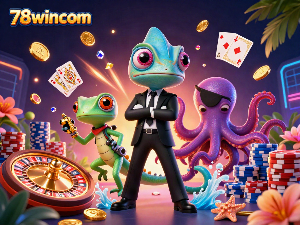 Experience thrilling games at 78wincom with a 3D casino illustration featuring exciting characters and iconic elements.