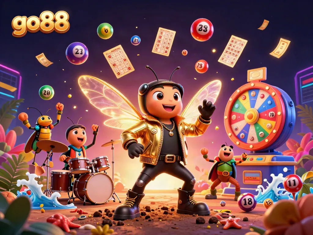 Experience the vibrant go88 gambling scene with a lively rock star cicada amidst colorful gaming elements.