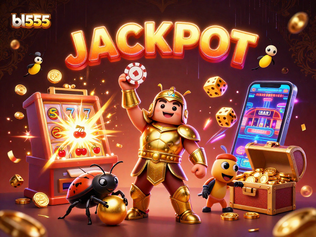 Experience thrilling wins with bl555 in a vibrant, dynamic 3D casino scene featuring beetles, jackpots, and more.