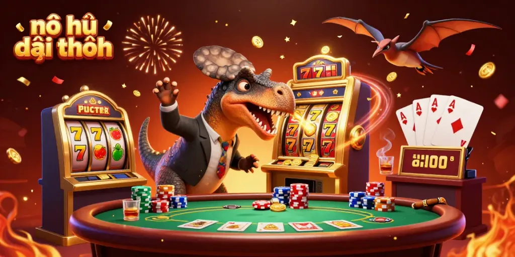 Dynamic scene featuring nổ hũ đổi thưởng with a dinosaur celebrating a jackpot, surrounded by slot elements.