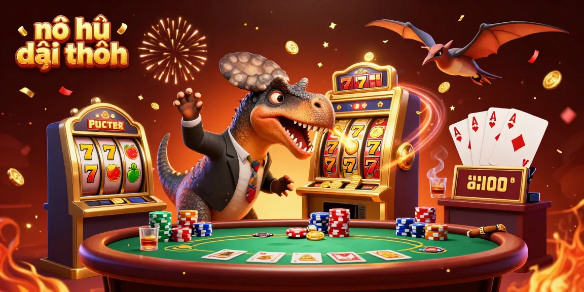 Dynamic scene featuring nổ hũ đổi thưởng with a dinosaur celebrating a jackpot, surrounded by slot elements.