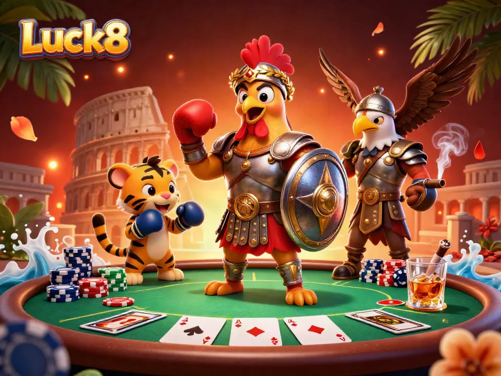 Experience the thrill of Luck8 with a dynamic 3D casino scene featuring poker elements and cartoon gladiators.