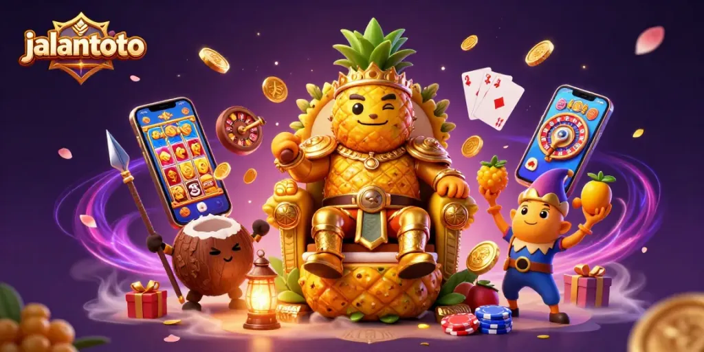Engage with jalantoto's vibrant casino scene featuring a golden pineapple king and thrilling gaming elements.