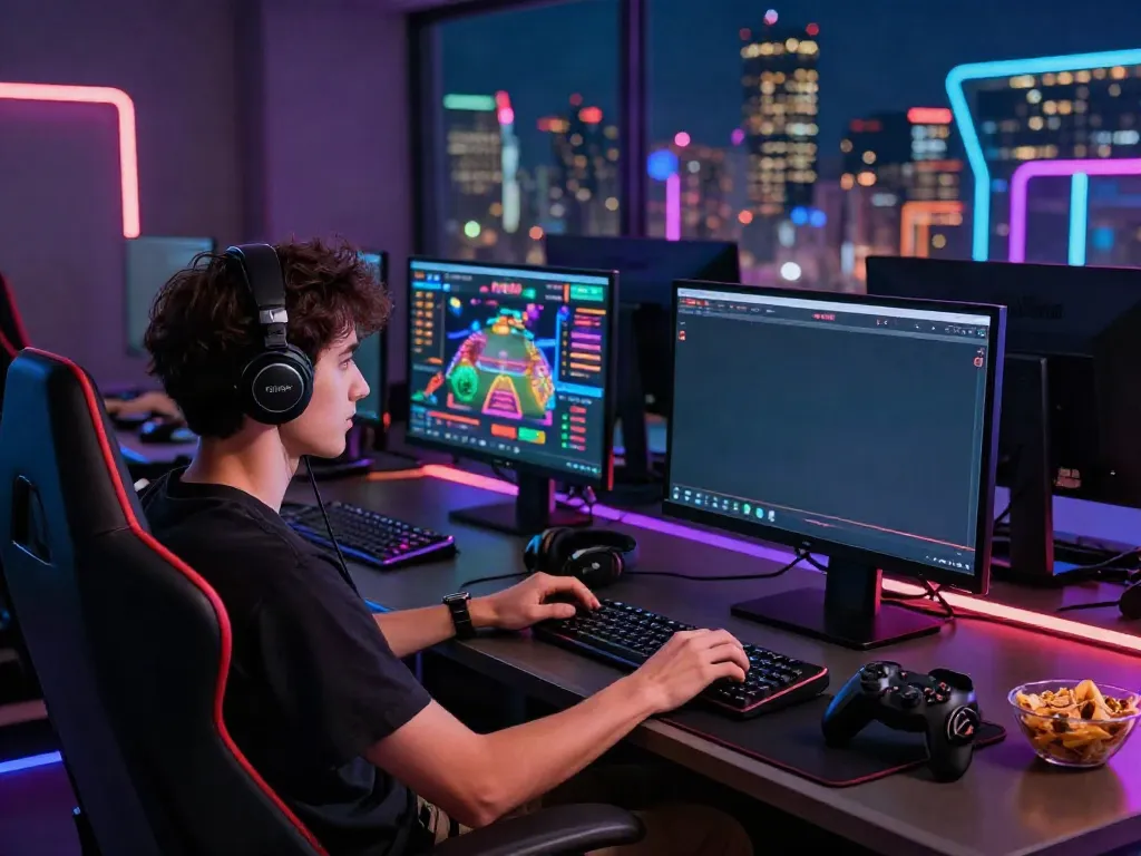 Young adult engaged in online gaming experience at https://five888vin.com/ with vibrant lighting and modern setup.