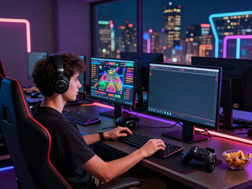 Young adult engaged in online gaming experience at https://five888vin.com/ with vibrant lighting and modern setup.
