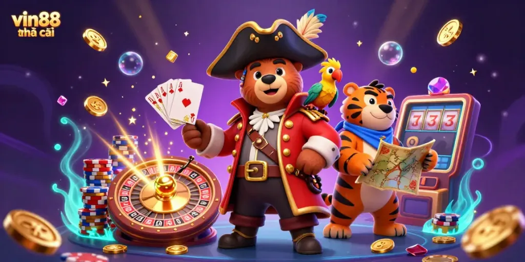 Experience vin88 nhà cái with a vibrant 3D illustration of a pirate bear and a tiger in a lively casino scene filled with treasures.