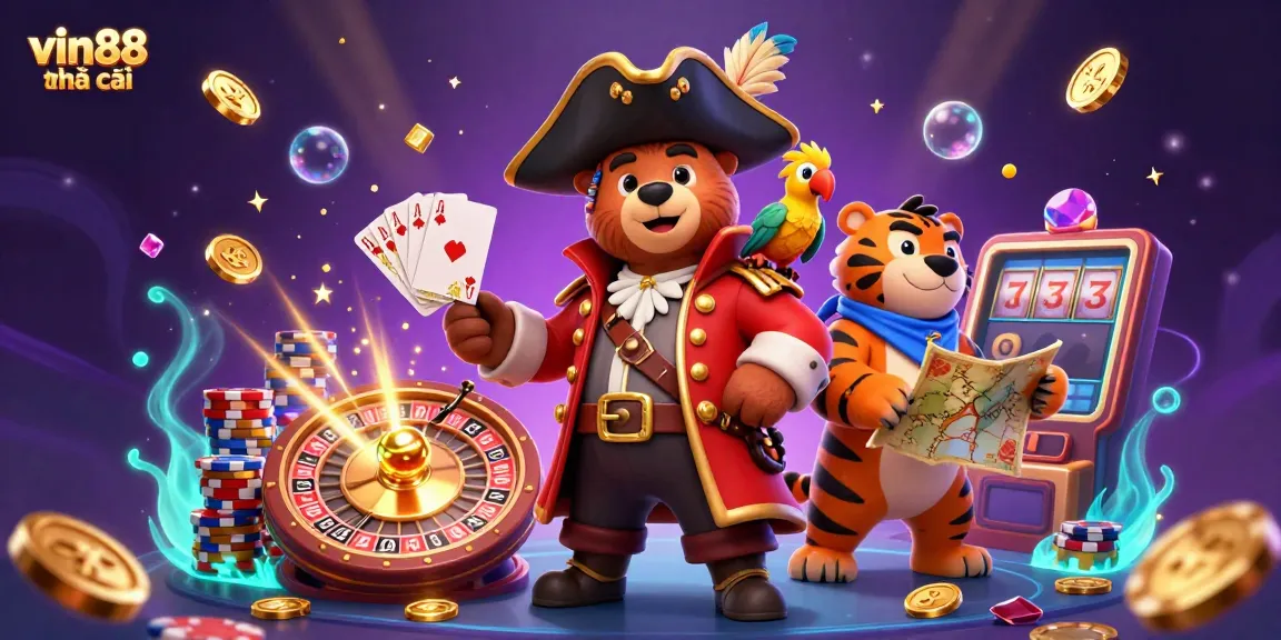 Experience vin88 nhà cái with a vibrant 3D illustration of a pirate bear and a tiger in a lively casino scene filled with treasures.