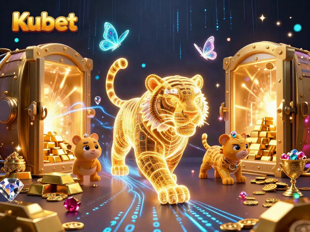 Kubet's 3D illustration highlights an energetic casino scene with a neon tiger and dazzling treasures.