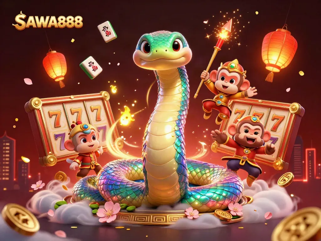 Experience the excitement of SAWA888 with a vibrant 3D illustration showcasing golden slot reels and dynamic characters.