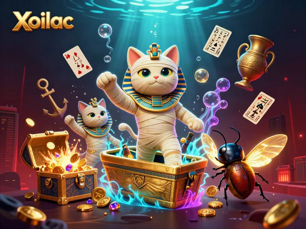 Xoilac channeling excitement with a dynamic 3D illustration of a mummy cat and gambling elements.