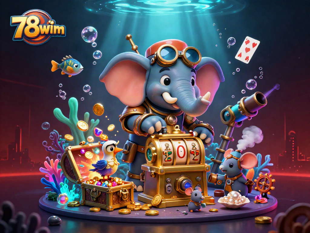 Engage with 78wim while witnessing a steampunk elephant slot machine engineer amidst underwater treasures.