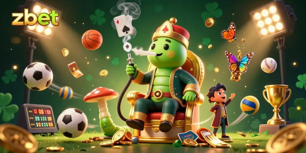 Experience the thrill of zbet in this vibrant 3D casino scene with sports elements and golden coins.