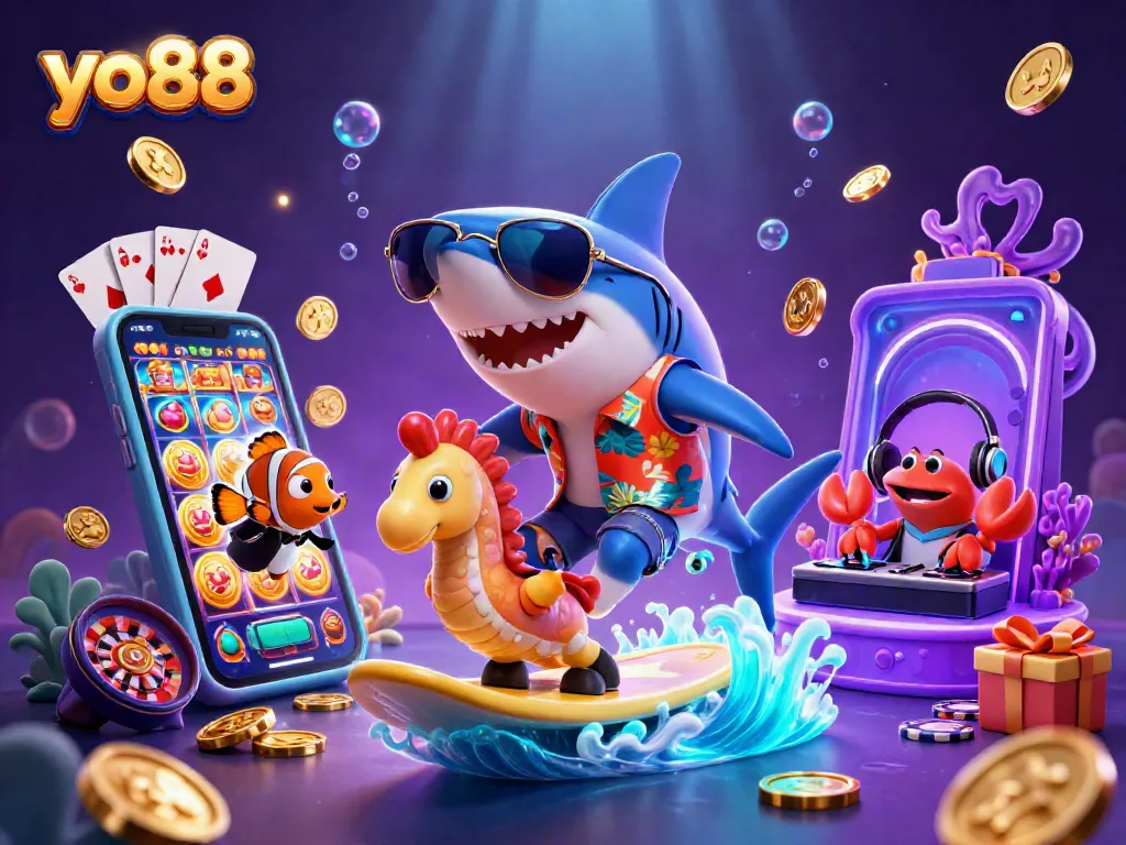 Experience the excitement of yo88 with a vibrant underwater casino adventure featuring colorful characters and games.