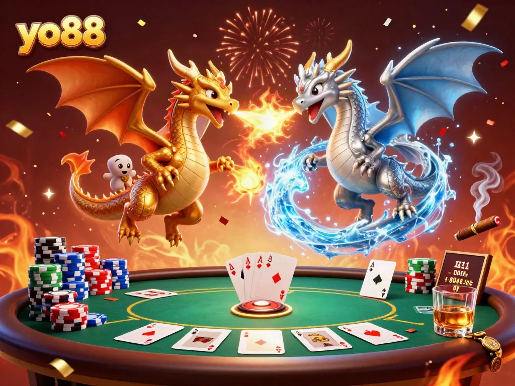Engage with yo88's vibrant casino scene featuring dynamic dragons and poker elements.