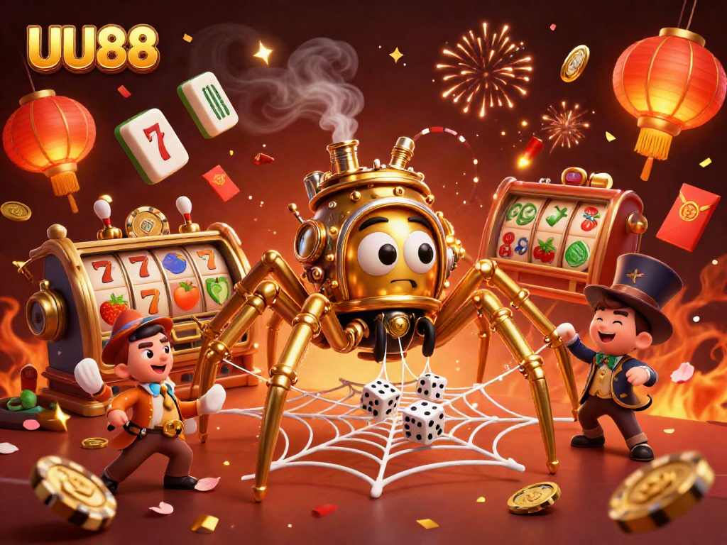 Engage with UU88's exciting slots scene featuring dynamic characters, golden chains, and festive elements.