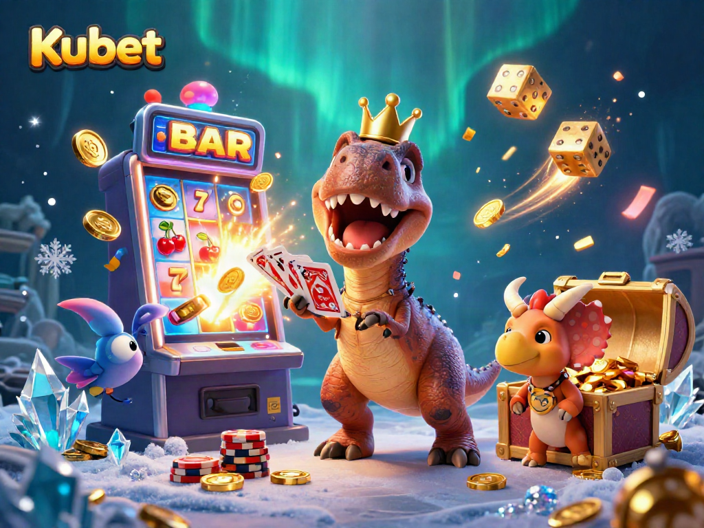 Kubet's vibrant online casino scene with a T-Rex shuffling cards, capturing thrilling moments of gameplay.